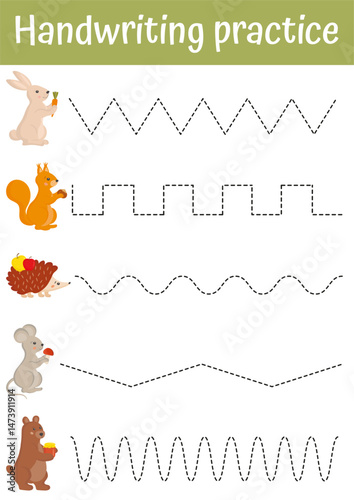Tracing lines, handwriting training worksheet for kids. Writing training page with cute animals. Educational game and activity for preschool, kindergarten. Fine motoric skills practice for kids.