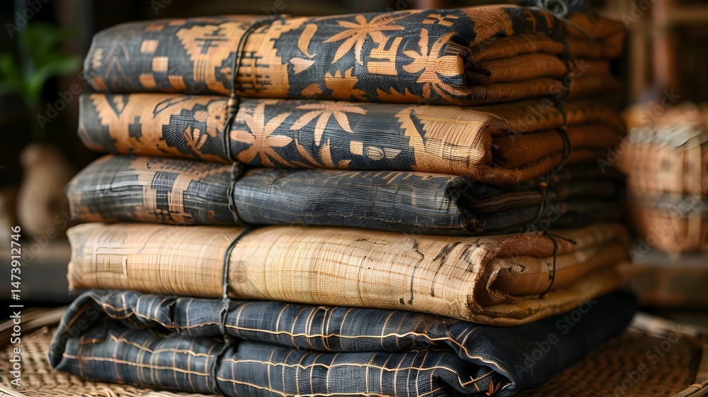 Fototapeta premium Tongan ngatu tapa cloth folded and tied with coconut rope, traditional decor