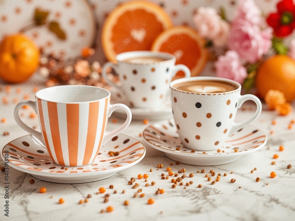 Fototapeta premium Playful Polka Dot and Striped Coffee Set with Orange and Pink Accents