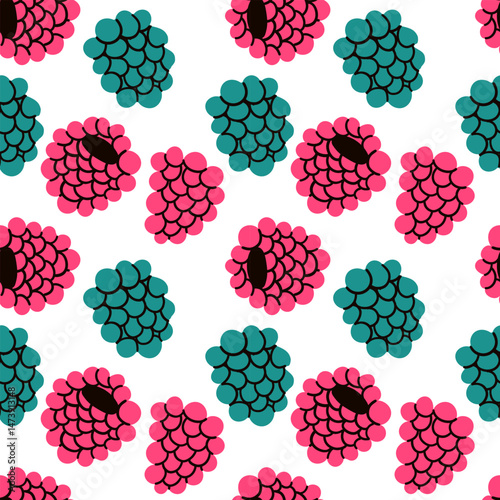 Raspberries of various shapes and sizes. Seamless pattern in vector. Suitable for backgrounds and prints. Hand drawn flat illustration pattern for web and fabric print design .