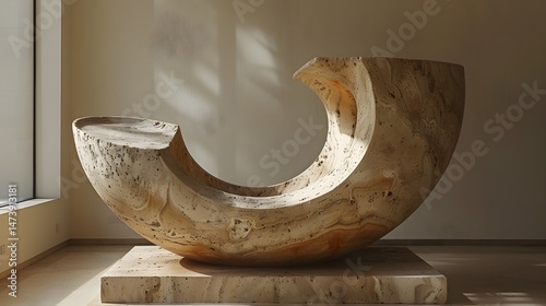 U-shaped travertine sculpture with terrazzo inlay, architectural decor cutout