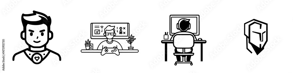 Vector illustration featuring a gaming enthusiast engaged in various activities related to video gaming