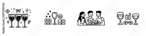 Vector illustration icons depicting celebration, socializing, and enjoying drinks at a party or gathering with friends