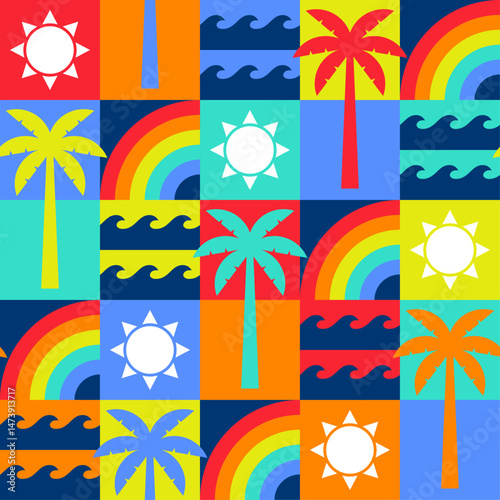 Colorful geometric palm tree, rainbow, sun and wave with square pattern design for summer holidays background.
