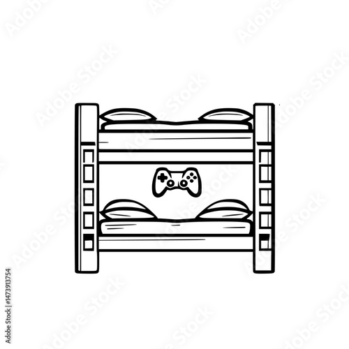 Bunk bed illustration designed for gamers featuring a game controller in a cozy bedroom setting