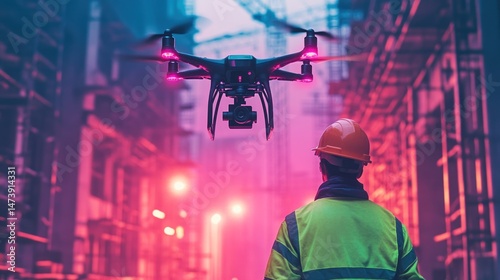 Drone aerial inspection of urban construction site at night