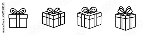 Gift box vector illustration set featuring four different designs with bows for festive occasions and celebrations
