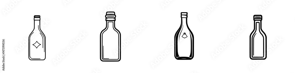 Vector illustration of different bottle designs lined up, showcasing a variety of shapes and sizes suitable for various beverages