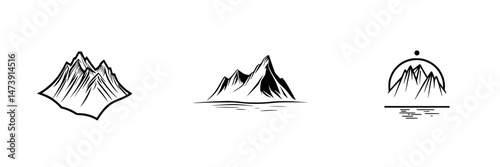 Stylized vector illustrations of mountain landscapes showcasing different views during daytime and evening