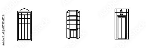 Unique vector illustrations of three different building facades showcasing architectural styles and designs