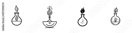 Vector illustration icons of various flasks with flame designs for chemical or laboratory themes