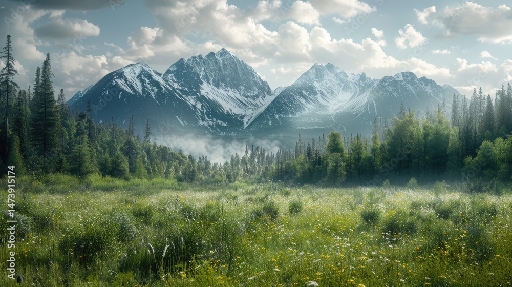 Fototapeta premium A realistic landscape of a meadow, forest, and snow-capped mountains. This naturalistic image is perfect for websites or blogs on travel, nature, hiking, and outdoor themes.