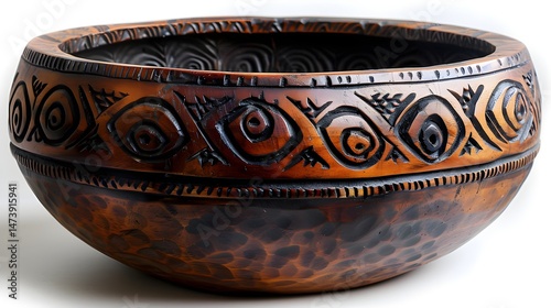 West African calabash bowl with tribal carvings, floating PNG style