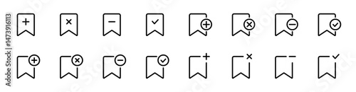Bookmark outline icon set. Bookmark, save, tag icons. Bookmark with plus, minus, cross, remove
