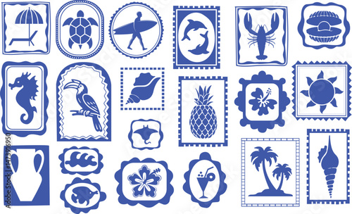 Summer beach tropical travel stamp, vector hand drawn ocean surf print set, coastal postage design. Exotic flowers fruit silhouette, vintage Hawaii island tourism symbol. Travel stamp retro graphic 