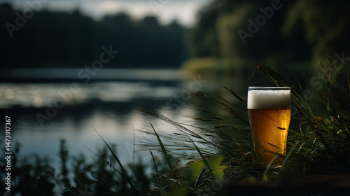 A scenic beer looking glass by the lake, captured in nature photography, offering a tranquil, close up thought process for ease