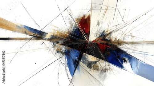 Abstract artwork featuring sharp lines and bursts of color formations