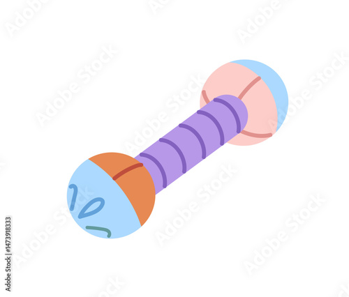 Cute pastel baby rattle. Icon of plastic beanbag for newborns. Shaking toy for infants to play, have fun. Kids, children care accessory. Flat isolated vector illustration on white background