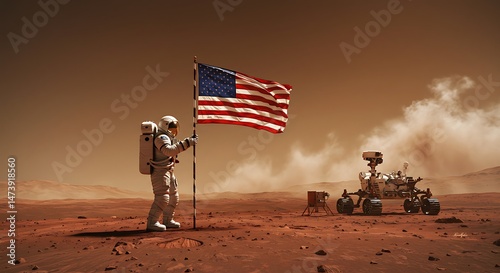 Astronaut on Mars with Flag and Rover