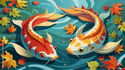 portrait Closeup Two Koi Fish Swimming in Water with Autumn Leaves Very beautiful
