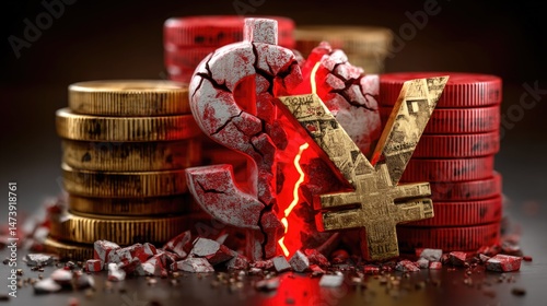 Economic picture, stacks of coins, dollar and yuan signs.