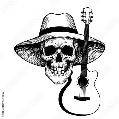 Skull in a hat with a guitar, in monochrome style vector illustration, suitable for tattoo, prints, clothes