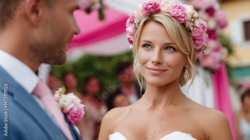 Romantic outdoor wedding - bride in wedding dress with flower crown looks at groom during ceremony. Pink floral decor in the background.
