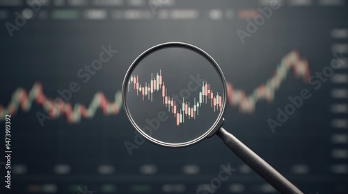 Magnifying glass through which you can see the candlestick chart on the screen. Technical analysis of the stock market close-up.