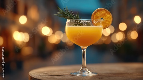Refreshing cocktail with a citrus slice on a table in an evening restaurant.