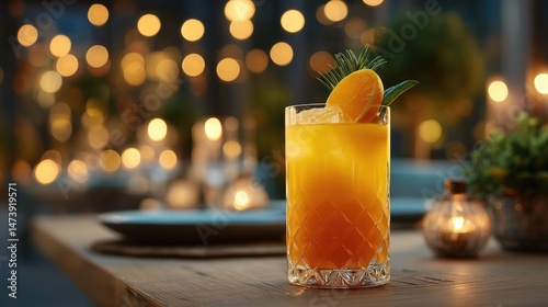 Summer cocktail with an orange slice on a terrace in a romantic setting.