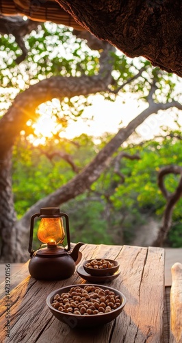 Sunset view with tea set and snacks on rustic table