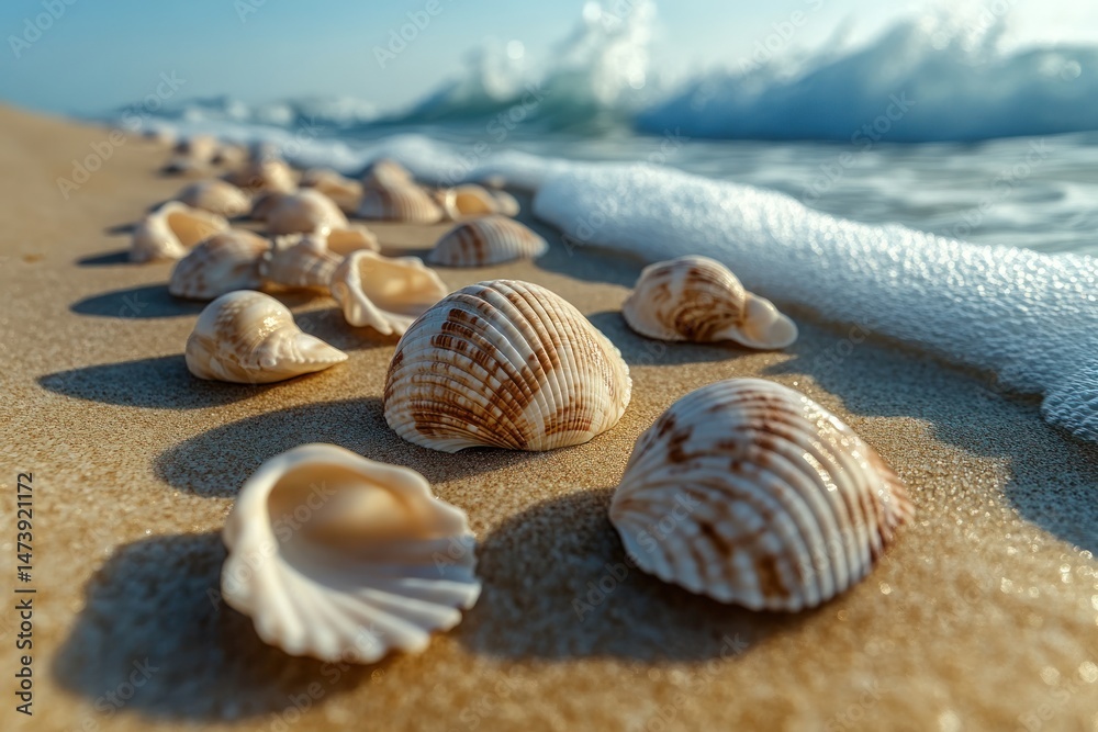 A serene beach scene with beige seashells on pale sand and gentle ocean waves A serene beach scene with beige seashells on pale sand and gentle ocean waves