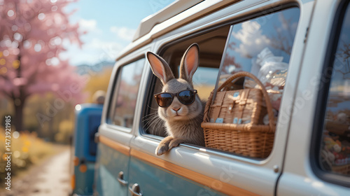 Bunny in sunglasses pokes head out camper van window during spring road trip, surrounded by luggage, picnic baskets, and blurred colorful scenery.