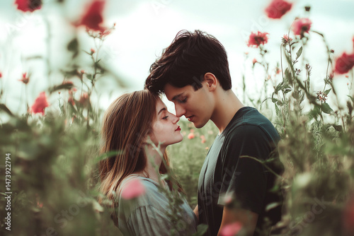 Young Couple Sharing Intimate Moment in Flower Field. A couple stands close, forehead to forehead, surrounded by blooming wildflowers. Soft focus, romantic atmosphere, and natural love story vibe.