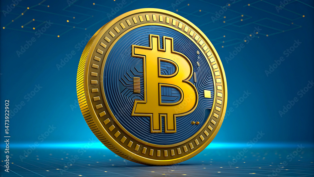 Golden bitcoin cryptocurrency digital currency on blue background Golden bitcoin cryptocurrency digital currency on blue background