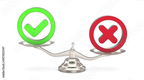 Rejection sign and check mark on scale. White background. Isolated 3D illustration