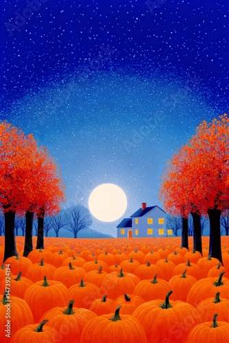 Vibrant Pumpkin Field Under Starry Night Sky With Cozy House Glowing Warmly