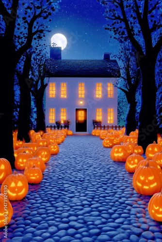Halloween Night With Glowing Pumpkins Lining a Cobblestone Path to a Cozy House Under the Moon