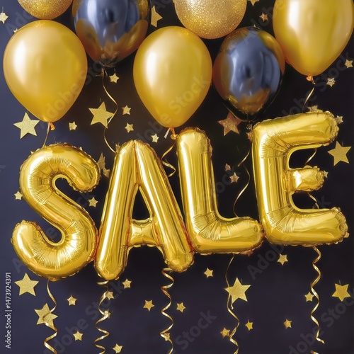 Colorful Sale Decorations With Golden Balloons and Stars for Festive Events or Promotions