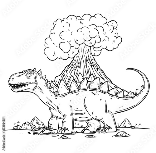 The background of a volcano accompanies a cute cartoon dinosaur that is a stegosaurus