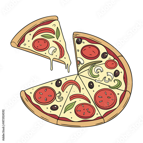 Slice of pizza with toppings in vector illustration