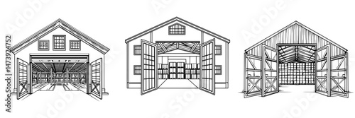 The symbol of a shed is represented by a modern garage icon, which is a flat sign that is filled and isolated on white as a solid pictogram in logo illustration