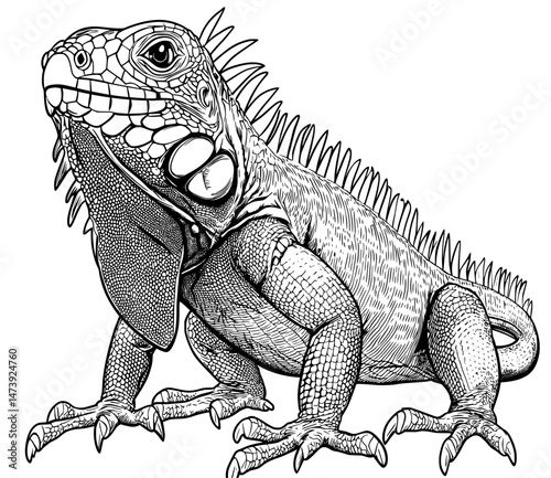 Modern artwork featuring a cute iguana cartoon, isolated and set against a white background