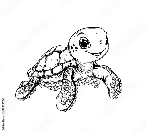 The image features a cute sea turtle cartoon isolated against a white background