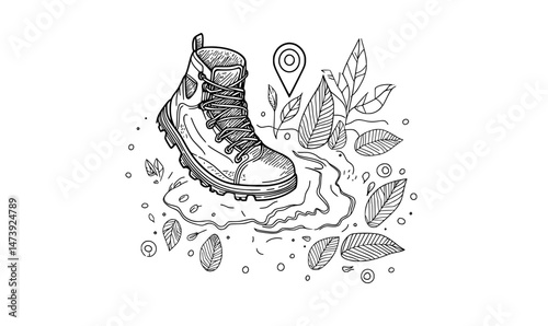 The path is marked by a series of human footprints that follow the trail, with amusing depictions of people's shoe steps and isolated black footstep signs on a white background, creating a modern