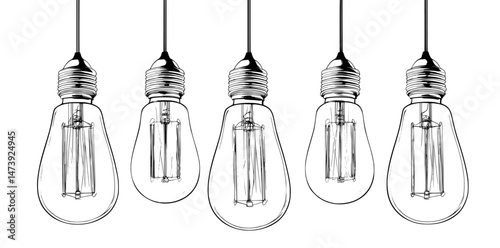 A realistic light bulb is depicted, showcasing electric incandescent lamps as interior decoration elements with glowing light bulbs suspended from wire