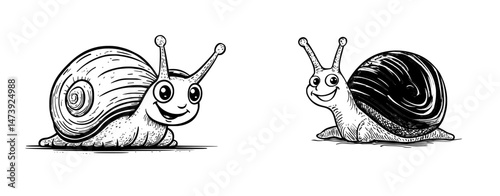 A contemporary depiction of an adorable snail cartoon set against a plain white backdrop
