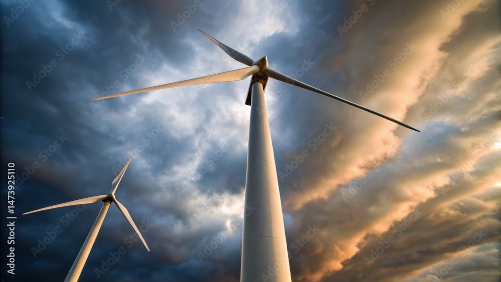 Fototapeta premium Wind turbines stand against a dramatic sky, showcasing renewable energy in a compelling natural setting.