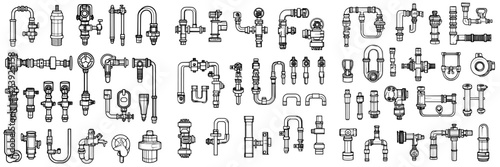 The collection includes a modern graphics set of plumbing line icons in linear style, comprising outline signs and symbols for water pipes connections, pipeline, gauge pressure meter, and broken pipe