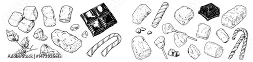 An isolated set of yummy confectionery is illustrated in realistic hand-drawn style, featuring caramel candies, sugary cubes or pastry with melted topping, marshmallows on sticks, and toffees,